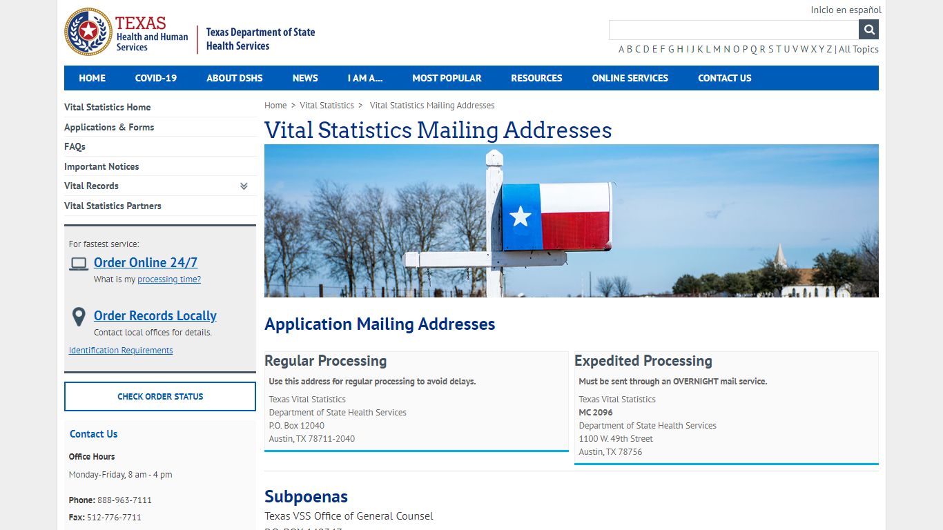 Vital Statistics Mailing Addresses - Texas Department of State Health ...