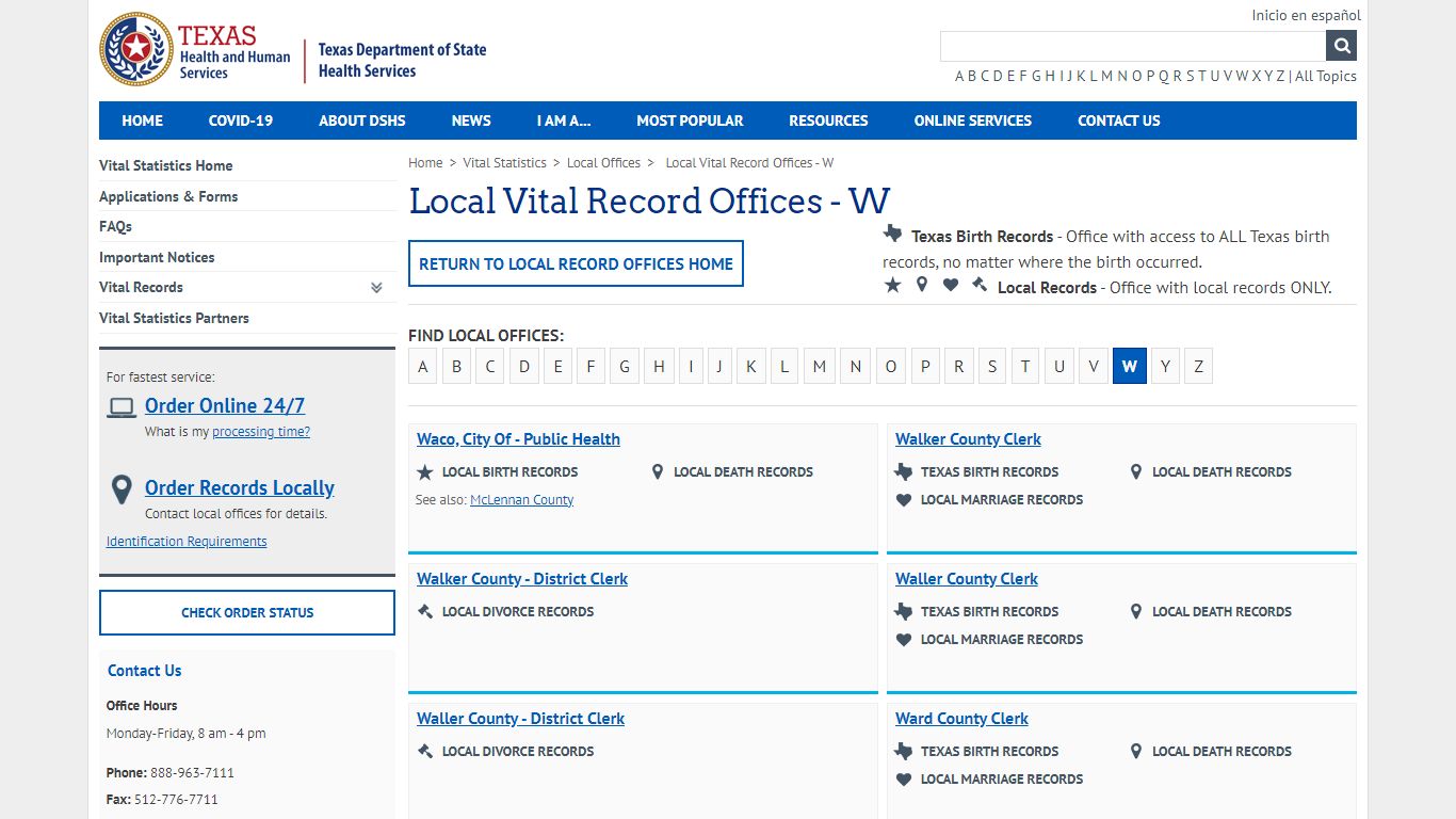 Local Vital Record Offices - W - Texas